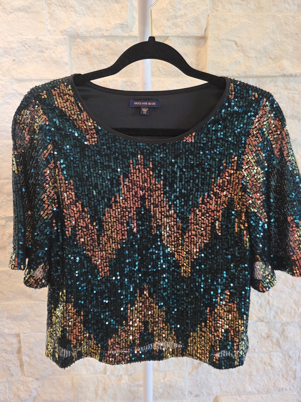 Skies Are Blue Teal Multicolor Sequin Short Sleeve Top